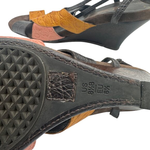 Aerosoles Wedge Sandals 8.5 Black Brown Orange Croc Embossed Leather Straps - Picture 3 of 8